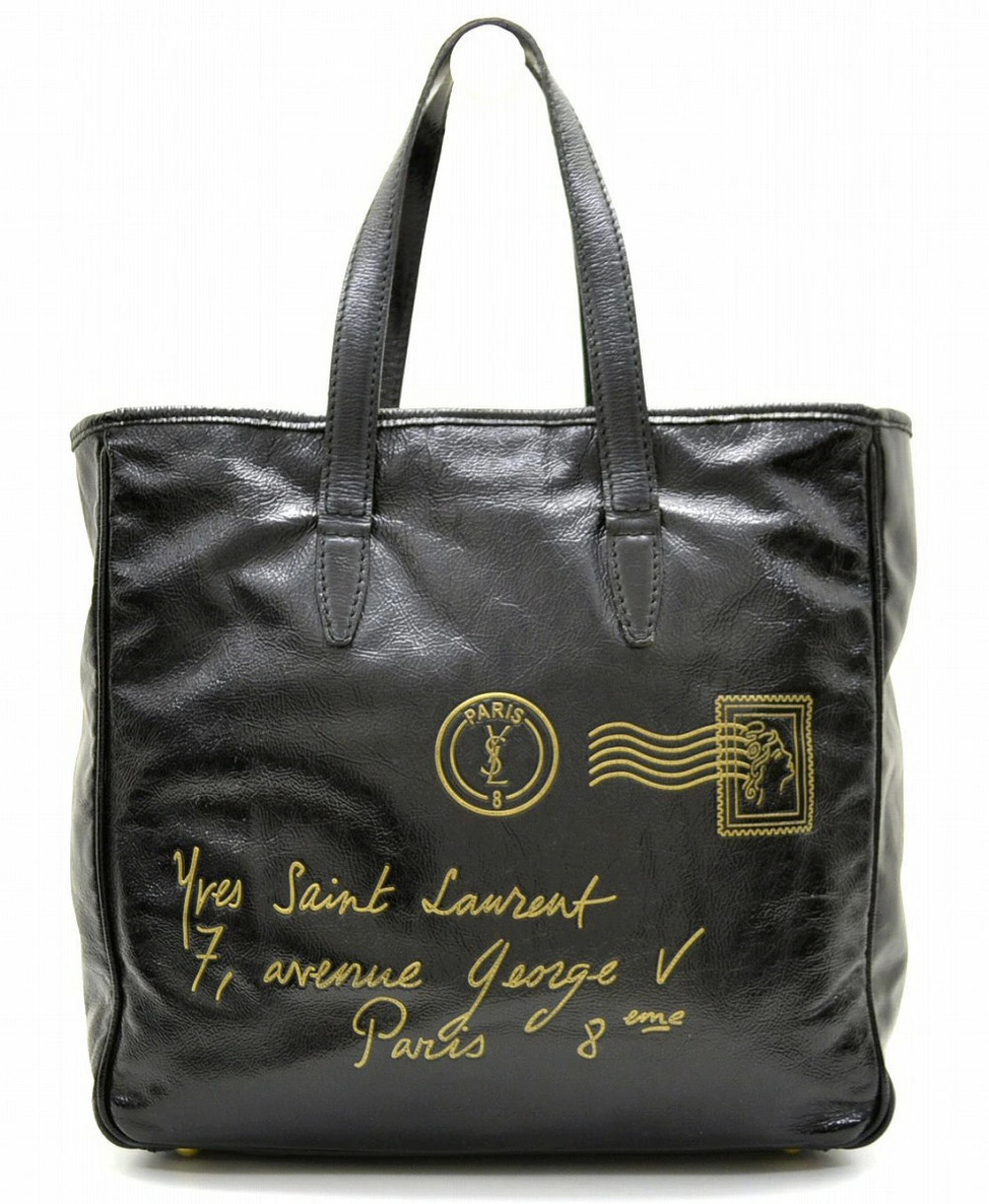 Saint Laurent Yves YSL Yves Y mail Tote Bag Shoulder Patent Vernis Leather Black